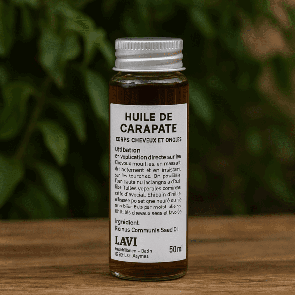 Flacon de 50ml d’huile de carapate LAVI posé sur une table en bois, avec feuillage en arrière-plan
