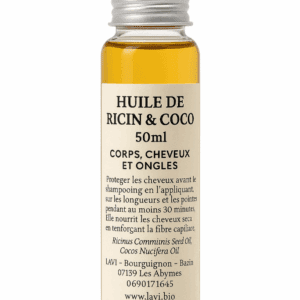 Flacon de 50ml d’huile de Ricin & Coco LAVI, avec étiquette descriptive