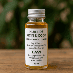 Flacon de 50ml d’huile de Ricin & Coco LAVI posé sur une table en bois avec feuillage en arrière-plan
