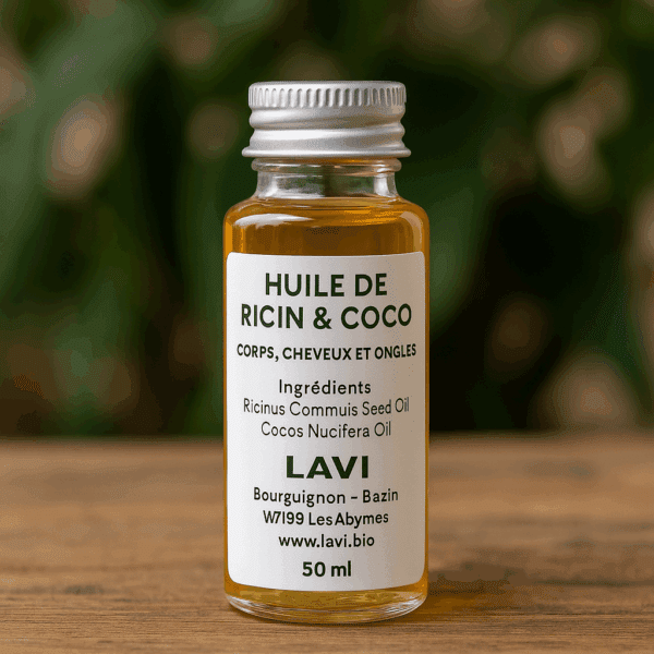 Flacon de 50ml d’huile de Ricin & Coco LAVI posé sur une table en bois avec feuillage en arrière-plan